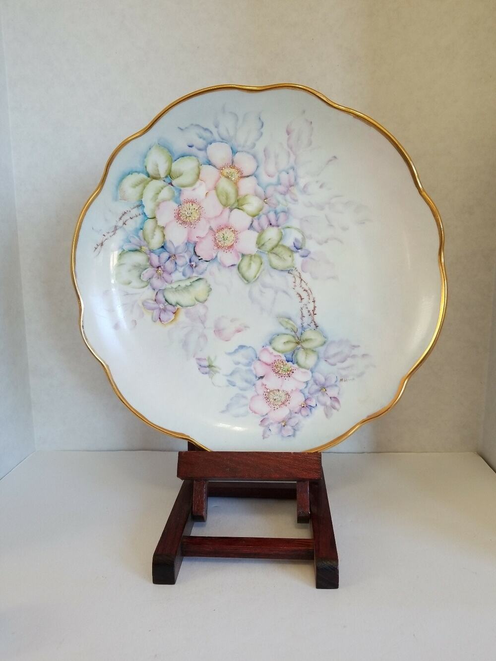 Vtg Handpainted Porcelain 12" Round Platter, Vanity, Floral, Pink Roses Signed